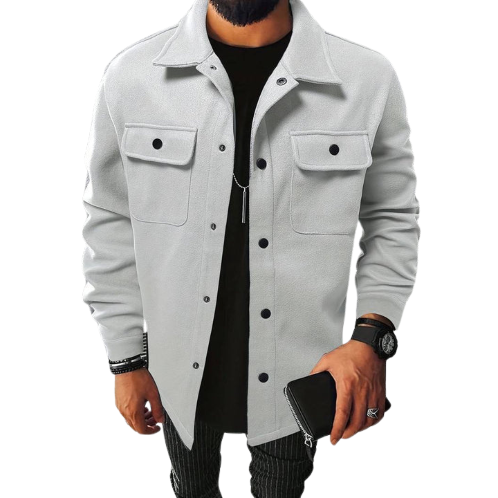 NOUVEAU RICHE Herren-Hemdjacke Knopfverschluss Vielseitigkeit Übergangs Grau