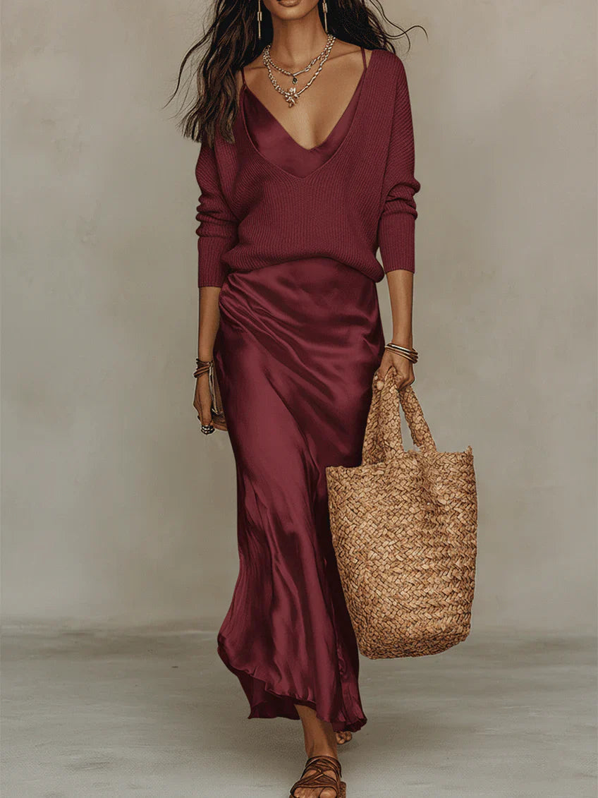 Women's Satin Midi Set | Coordinating Knit Top and Skirt