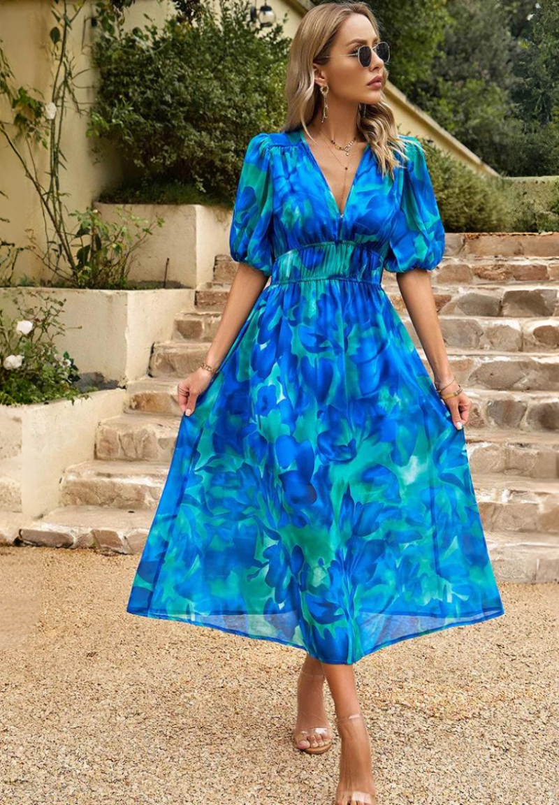 Women's Floral Midi Dress V-Neck Short Sleeve Casual