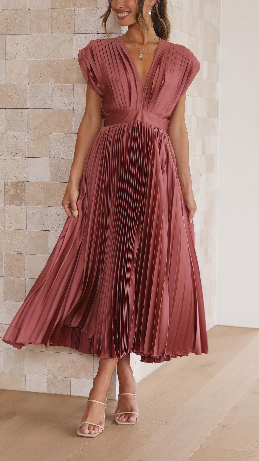 Women's Midi Dress Pleated V-Neck Sleeveless Casual