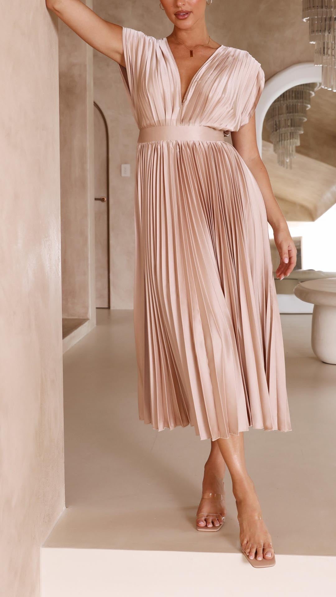 Women's Midi Dress Pleated V-Neck Sleeveless Casual
