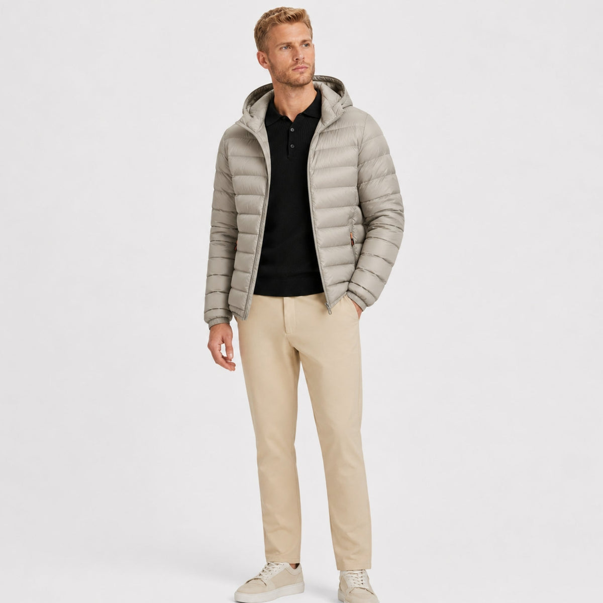 Men's Lightweight Padded Jacket Hooded Zip-Up Regular Fit