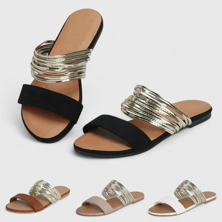 Women's Slip-On Sandals Cushioned Sole Gold Accents Casual Footwear