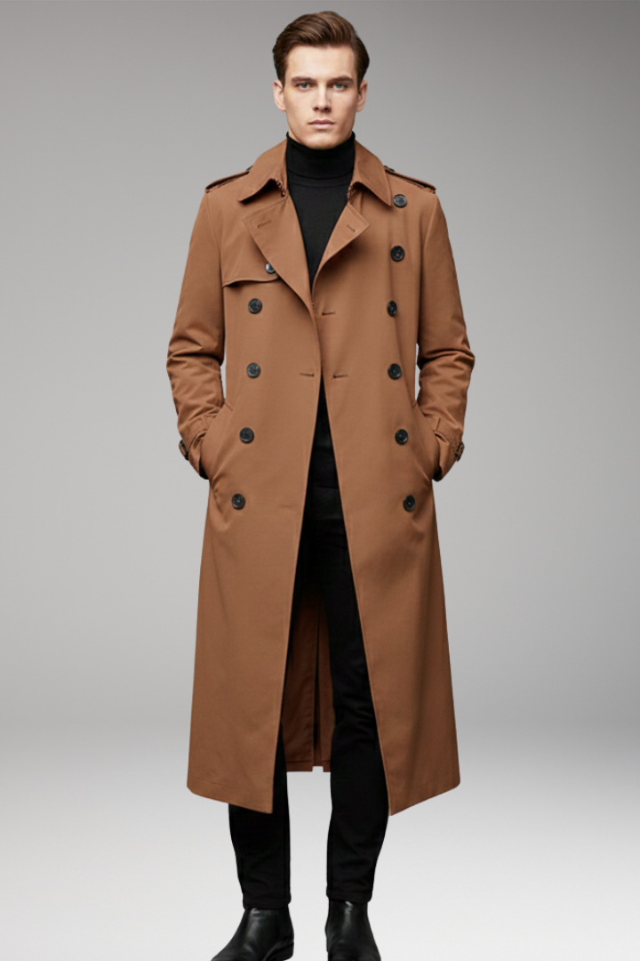 Men’s Long Trench Coat with Belt and Front Button Design