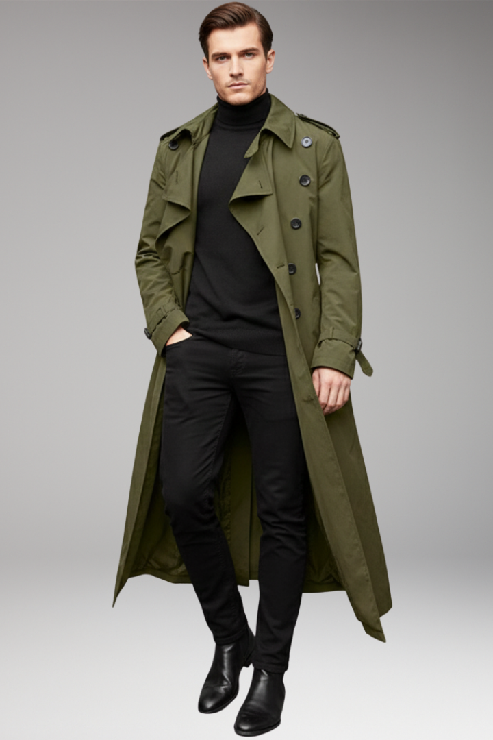 Men’s Long Trench Coat with Belt and Front Button Design
