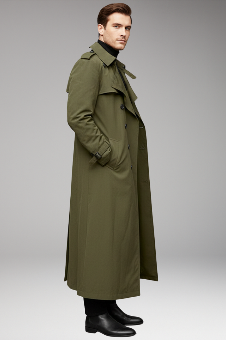 Men’s Long Trench Coat with Belt and Front Button Design
