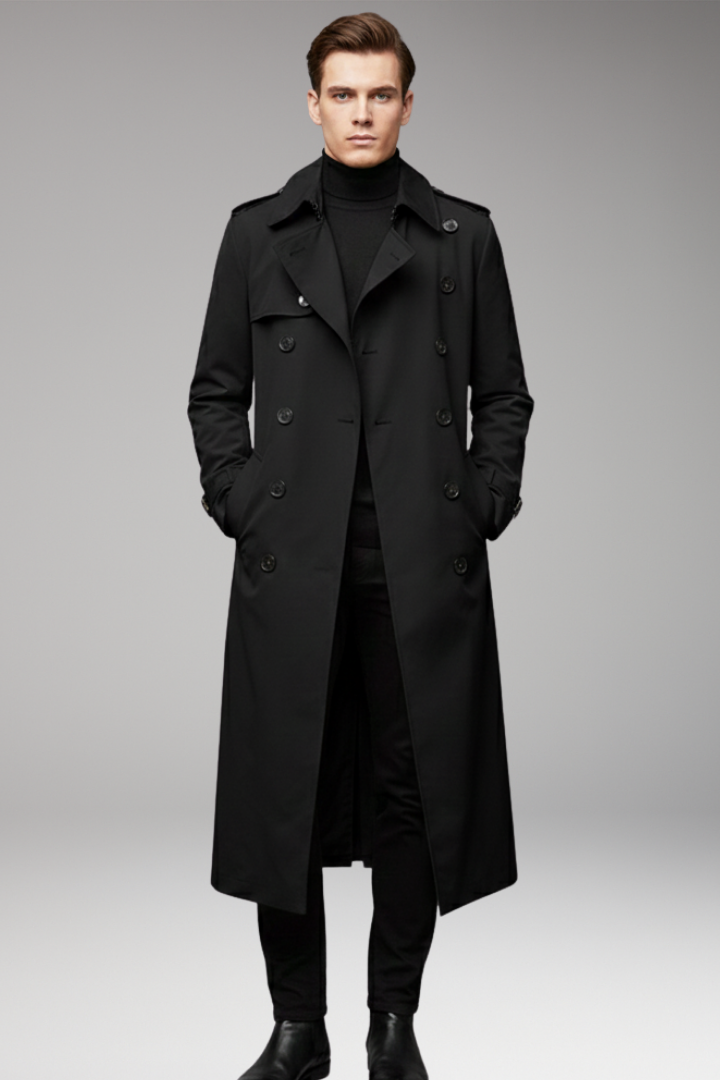 Men’s Long Trench Coat with Belt and Front Button Design