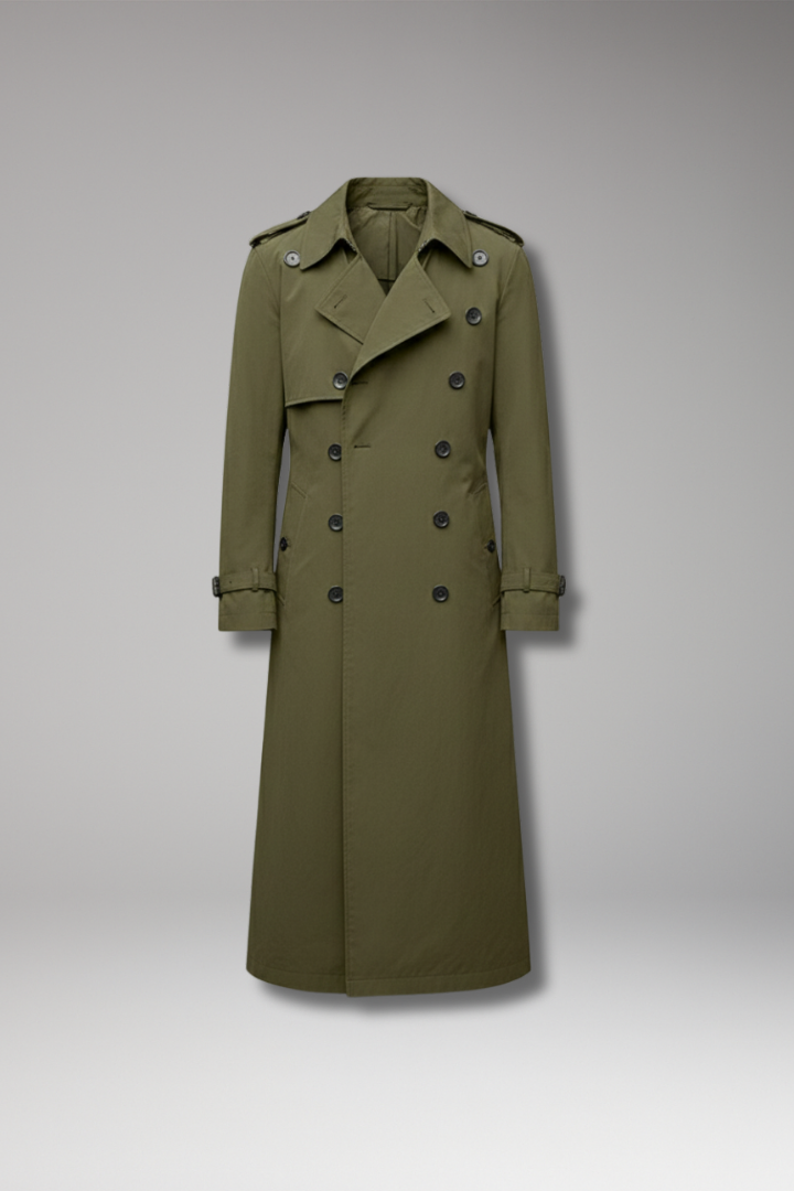 Men’s Long Trench Coat with Belt and Front Button Design