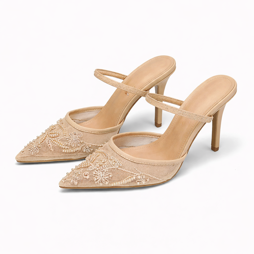 Women's Mule Heels – Embroidered Floral, Pointed Toe, Slip-On