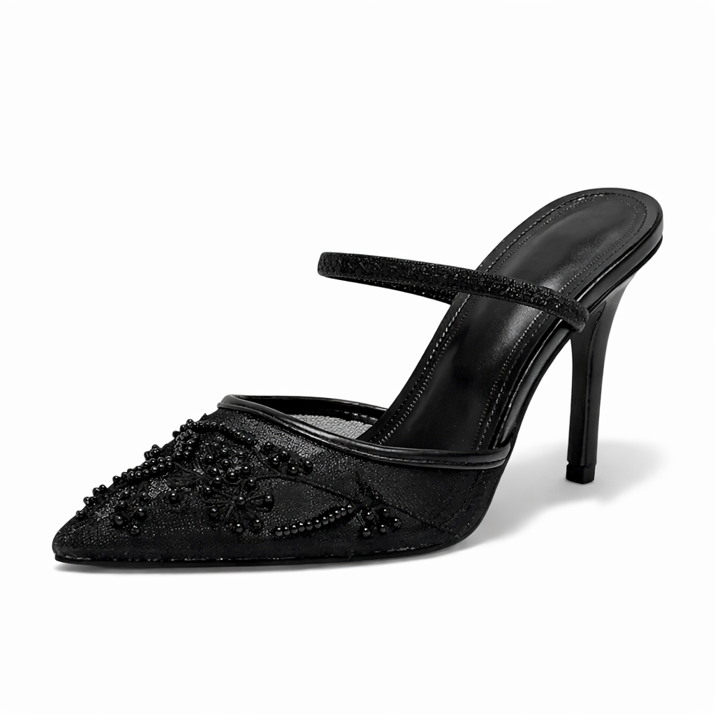 Women's Mule Heels – Embroidered Floral, Pointed Toe, Slip-On