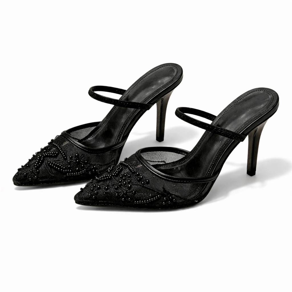 Women's Mule Heels – Embroidered Floral, Pointed Toe, Slip-On