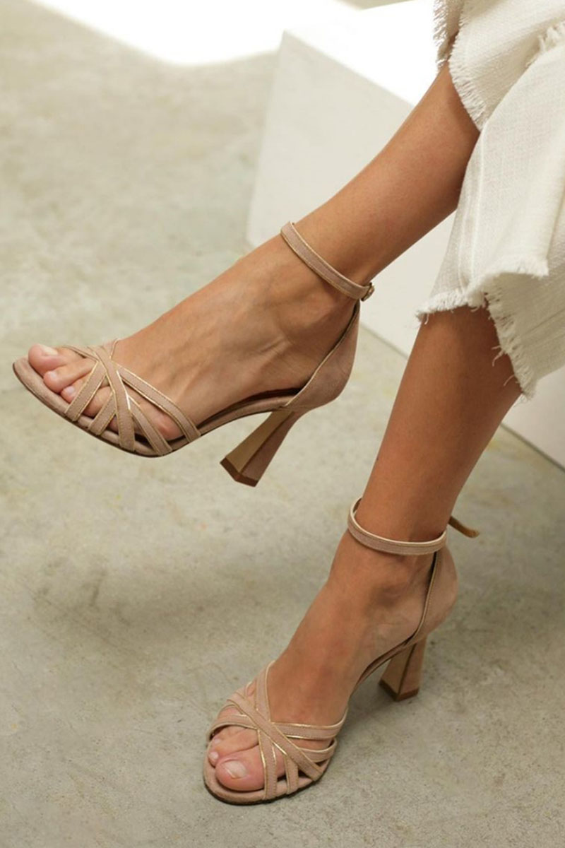 Women's Block Heel Sandals Strappy Ankle Strap Nude Casual Footwear