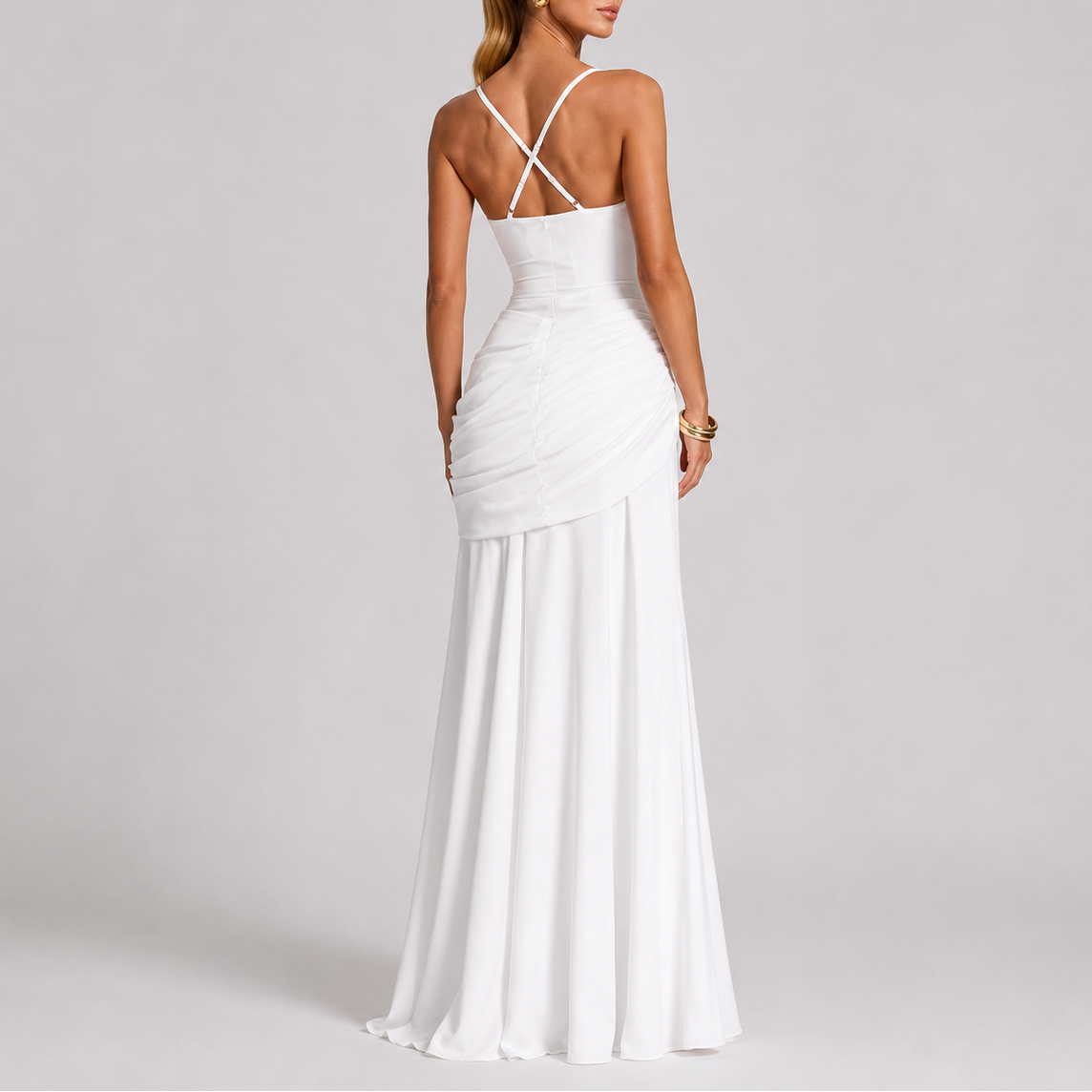 Women's Maxi Evening Dress Ruched Long Sleeve V-Neck Formal