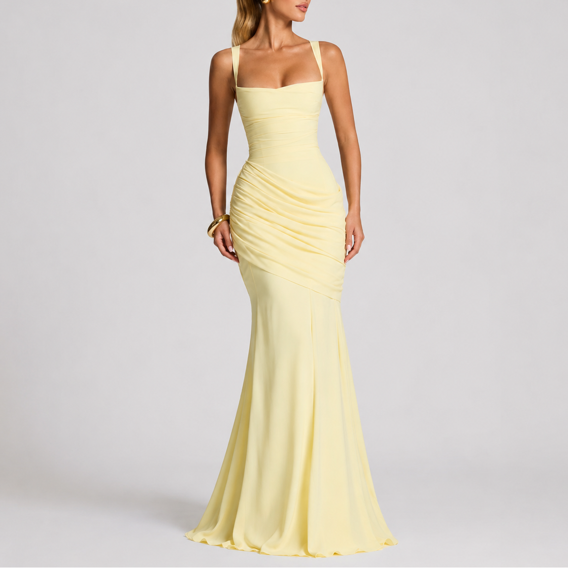 Women's Maxi Evening Dress Ruched Long Sleeve V-Neck Formal