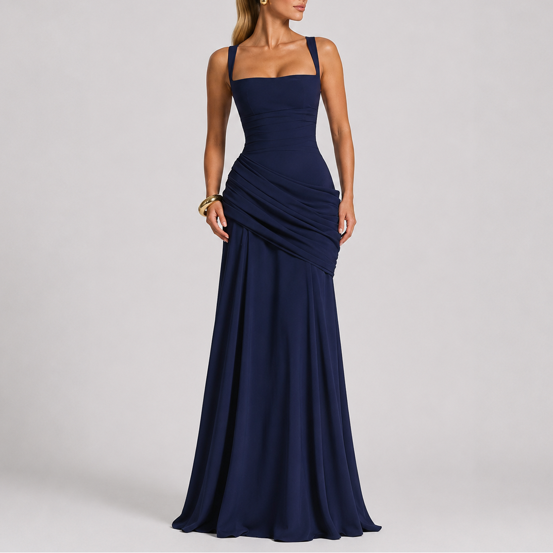 Women's Maxi Evening Dress Ruched Long Sleeve V-Neck Formal