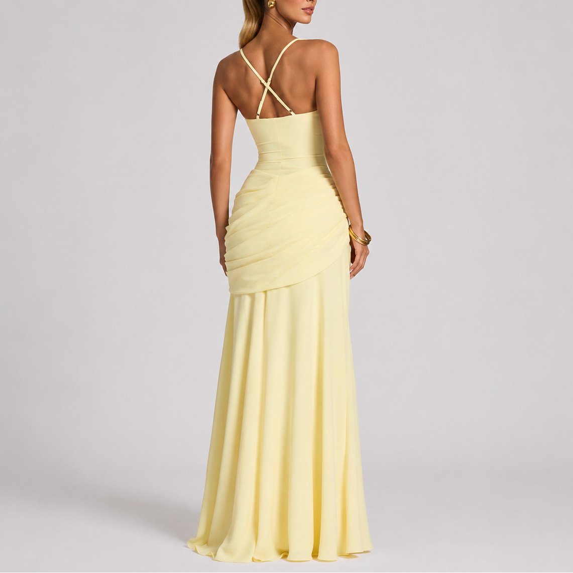 Women's Maxi Evening Dress Ruched Long Sleeve V-Neck Formal