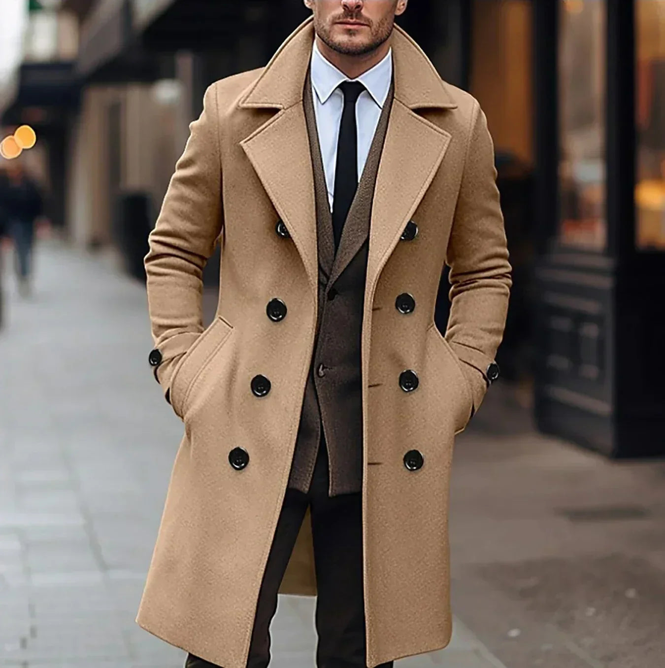 Edward Men's Wool Trench Coat – Elegant Double-Breasted Slim Fit Classic Style Coat