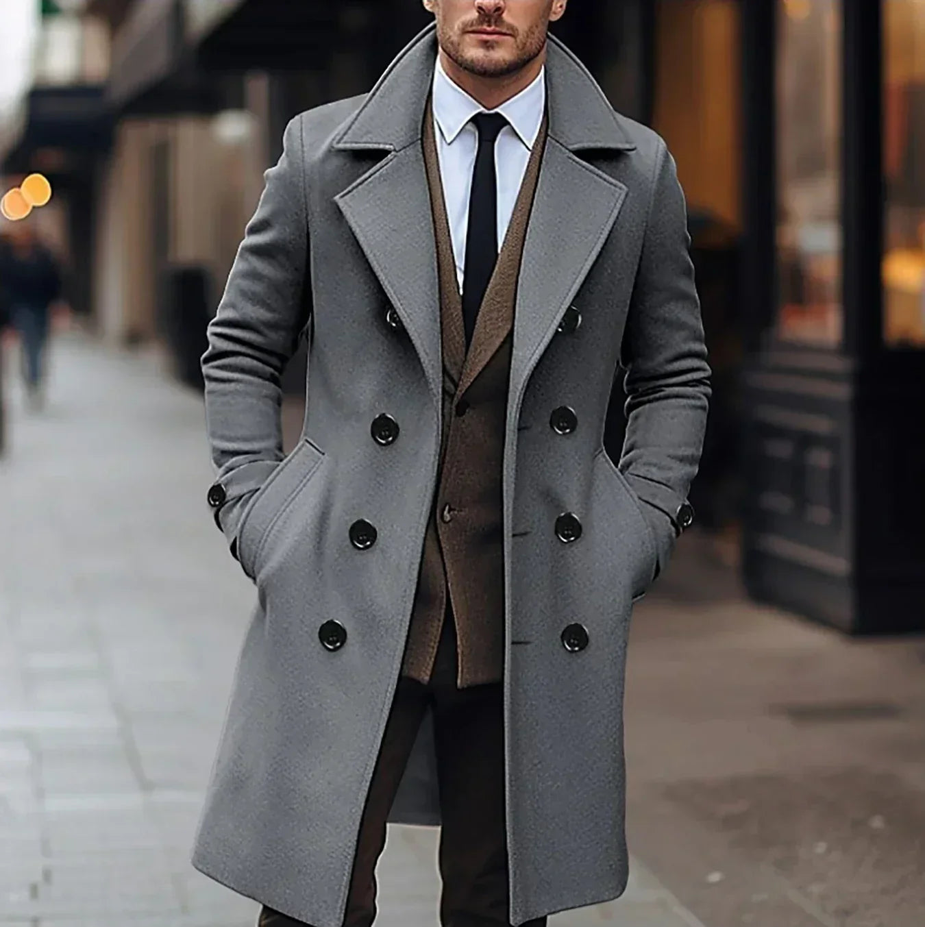 Edward Men's Wool Trench Coat – Elegant Double-Breasted Slim Fit Classic Style Coat