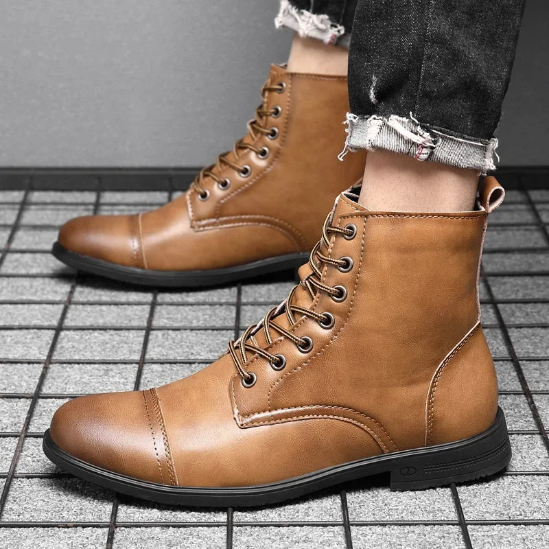 Men's Lace-Up Boots Leather Design Casual Footwear