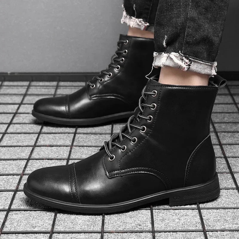 Men's Lace-Up Boots Leather Design Casual Footwear