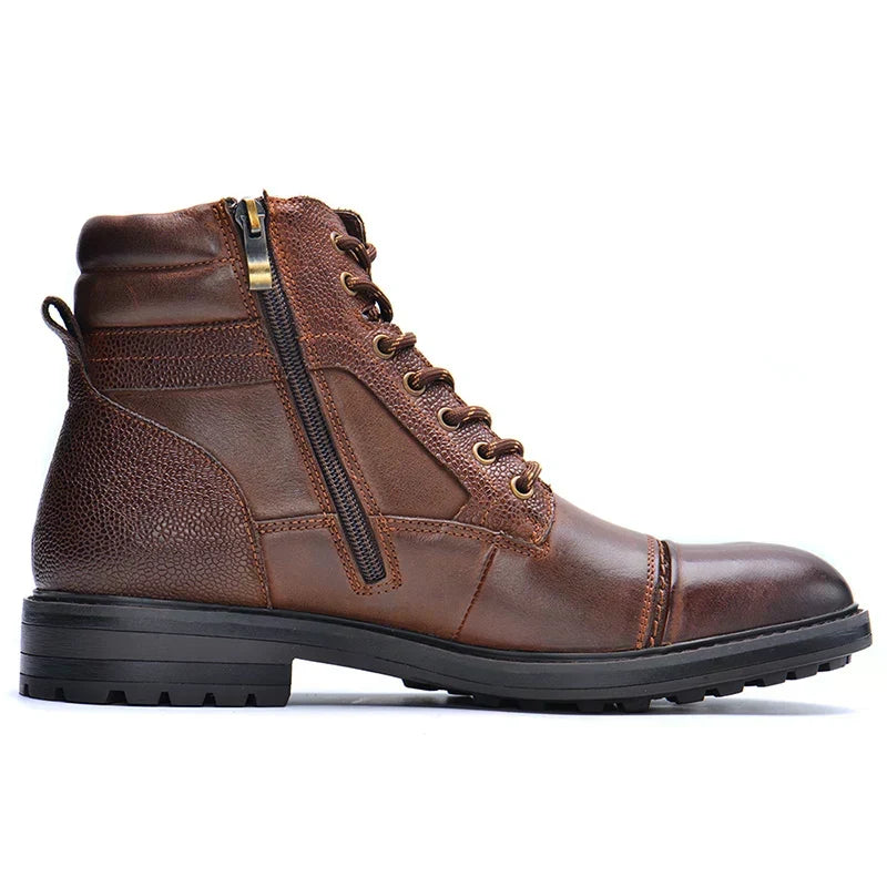 Men's Boot Leather Lace Up Side Zipper Textured Panel