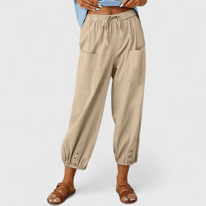 Women's Wide-Leg Pants Relaxed Fit Elastic High Waist Cotton-Linen Casual