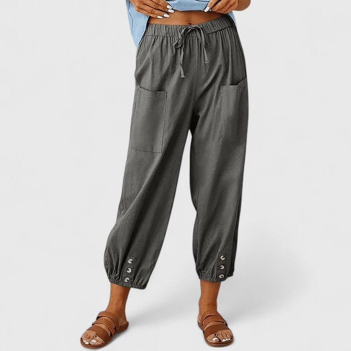 Women's Wide-Leg Pants Relaxed Fit Elastic High Waist Cotton-Linen Casual