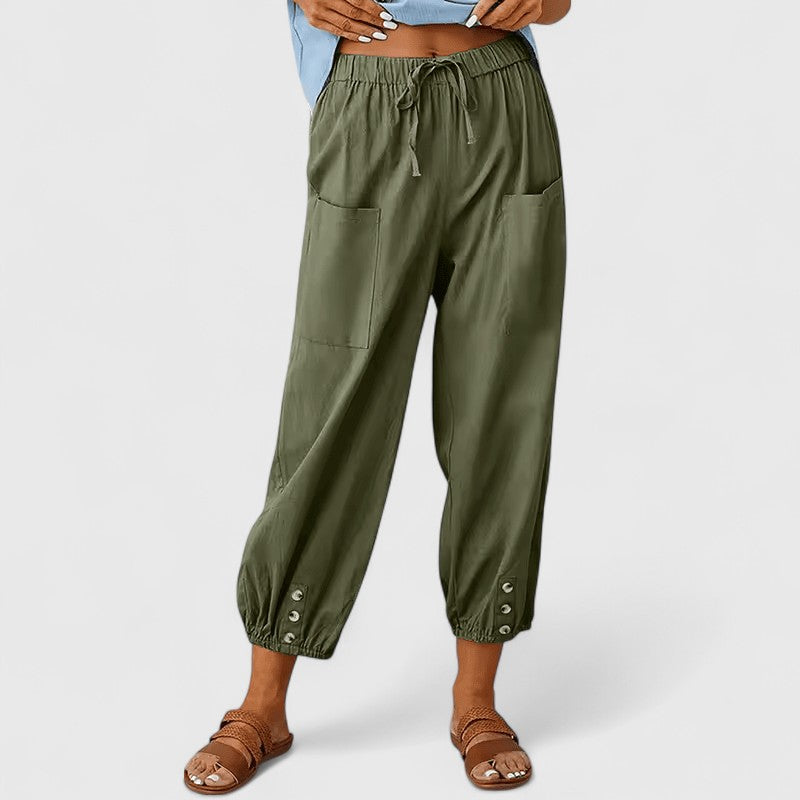 Women's Wide-Leg Pants Relaxed Fit Elastic High Waist Cotton-Linen Casual