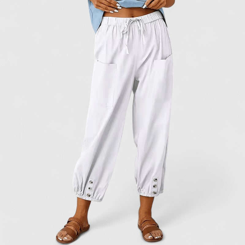 Women's Wide-Leg Pants Relaxed Fit Elastic High Waist Cotton-Linen Casual