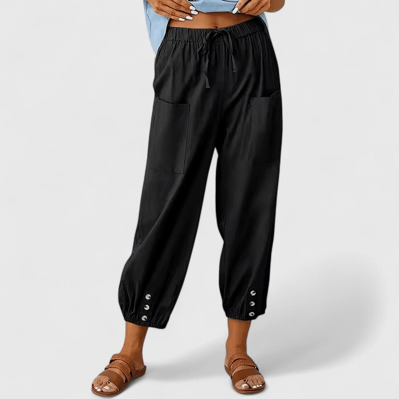 Women's Wide-Leg Pants Relaxed Fit Elastic High Waist Cotton-Linen Casual