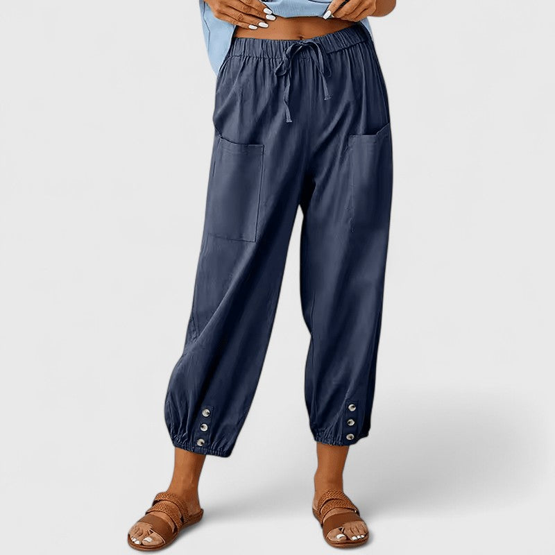 Women's Wide-Leg Pants Relaxed Fit Elastic High Waist Cotton-Linen Casual