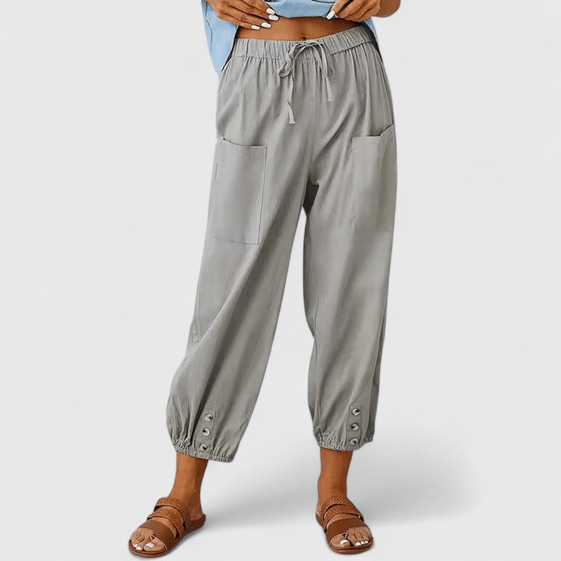 Women's Wide-Leg Pants Relaxed Fit Elastic High Waist Cotton-Linen Casual