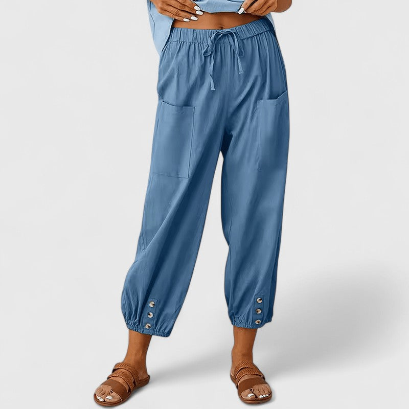 Women's Wide-Leg Pants Relaxed Fit Elastic High Waist Cotton-Linen Casual