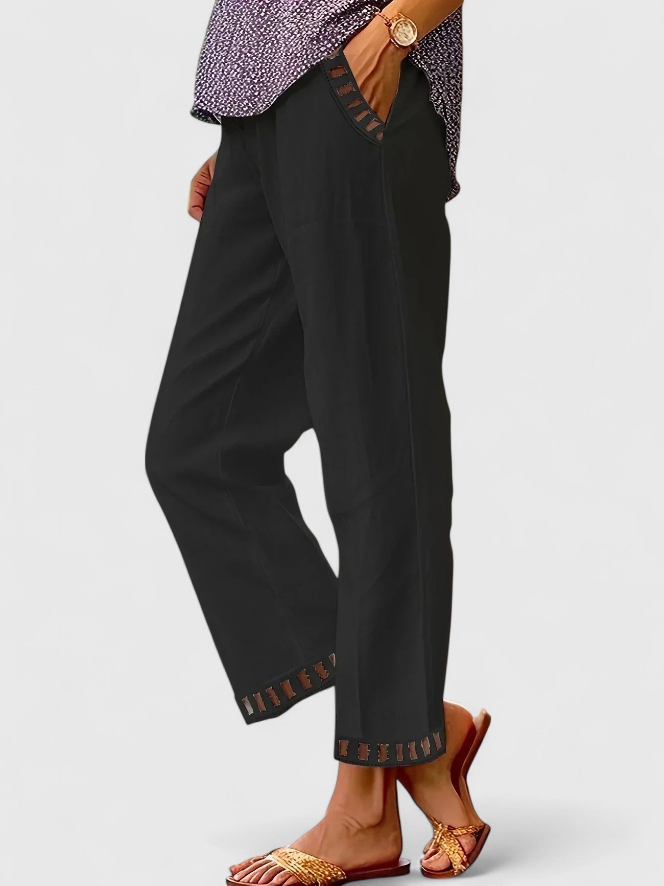 Women's Cropped Pants Contrast Trim Adjustable Waistband Casual