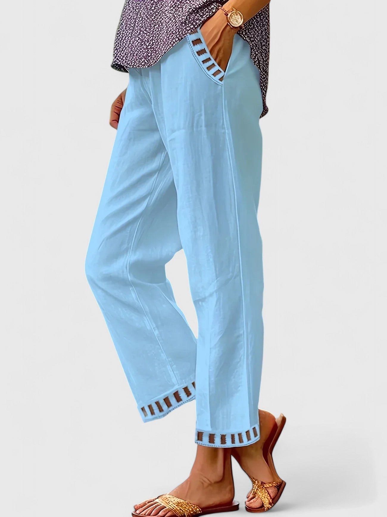 Women's Cropped Pants Contrast Trim Adjustable Waistband Casual