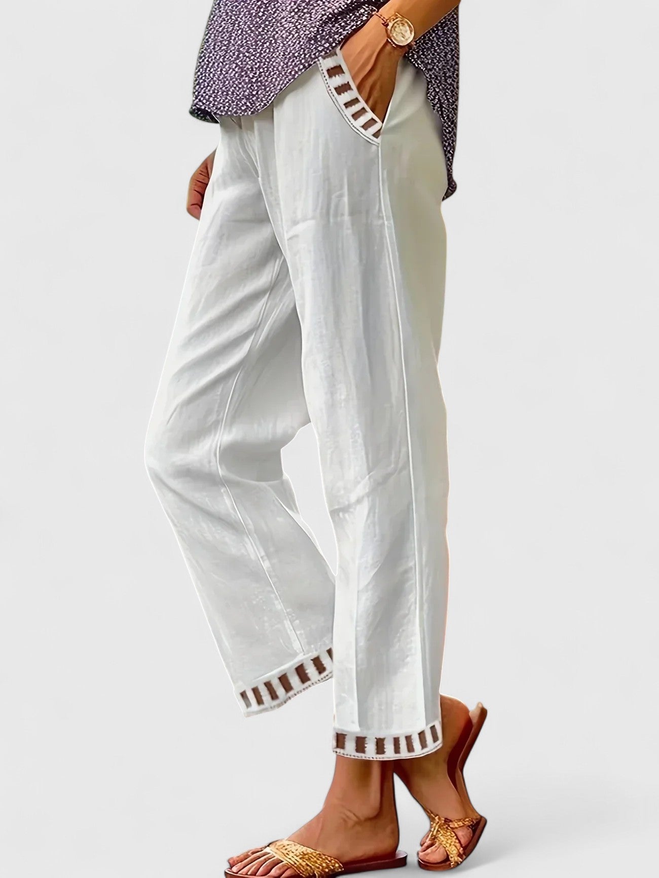 Women's Cropped Pants Contrast Trim Adjustable Waistband Casual