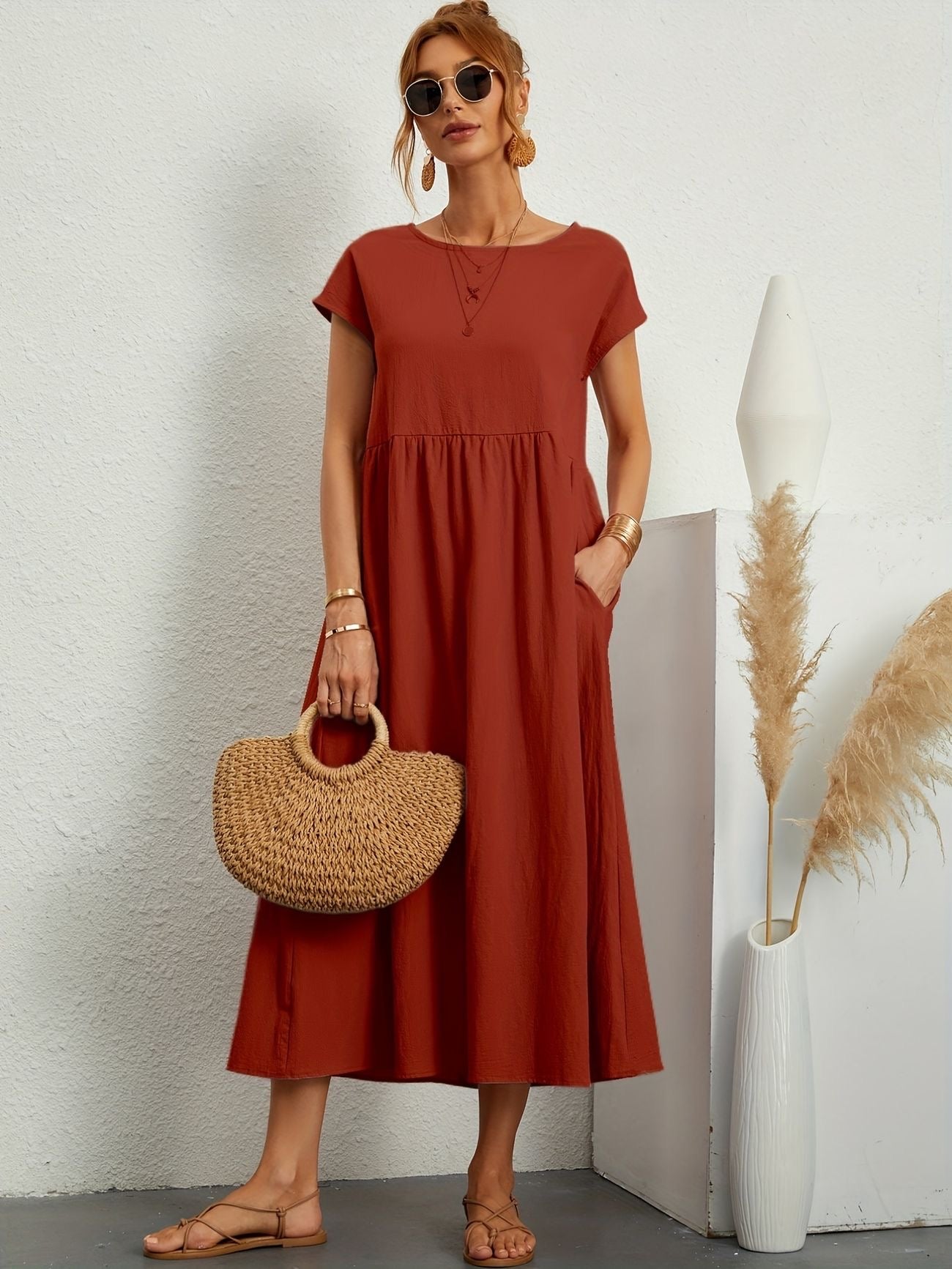 Women's Summer Dress Flowy Cotton V-Neck Sleeveless Casual