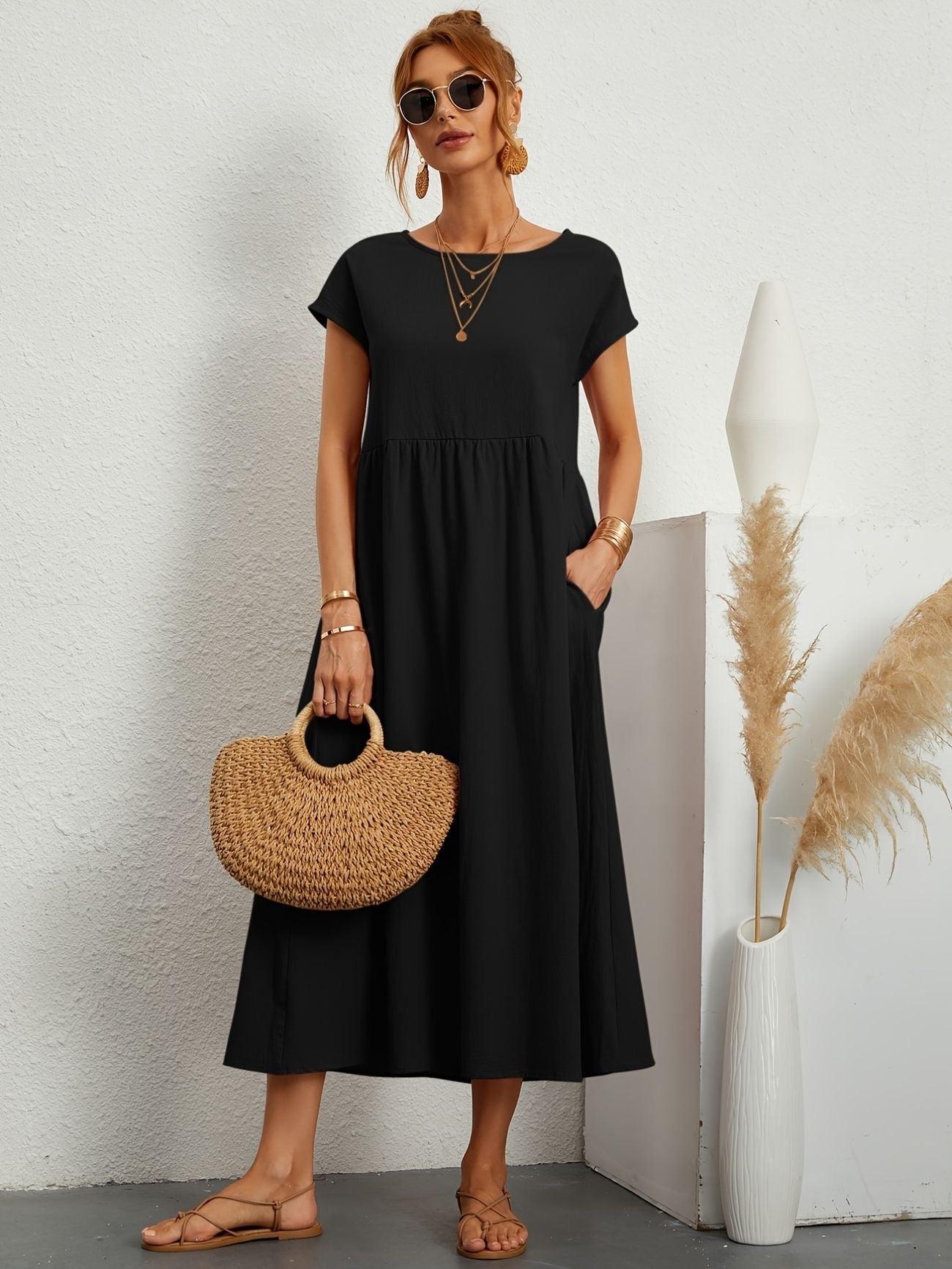 Women's Summer Dress Flowy Cotton V-Neck Sleeveless Casual