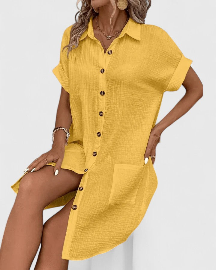 Women's Midi Summer Dress Casual Cotton V-Neck Short Sleeve