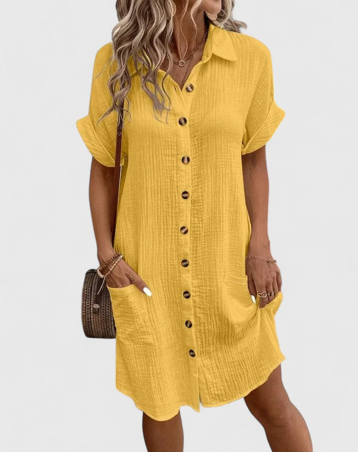 Women's Midi Summer Dress Casual Cotton V-Neck Short Sleeve