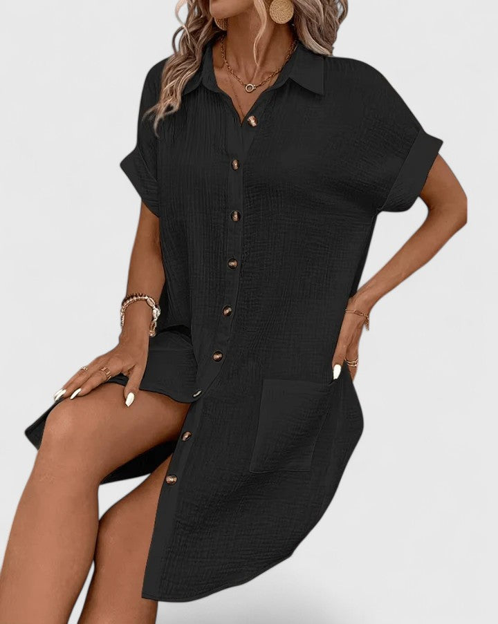 Women's Midi Summer Dress Casual Cotton V-Neck Short Sleeve