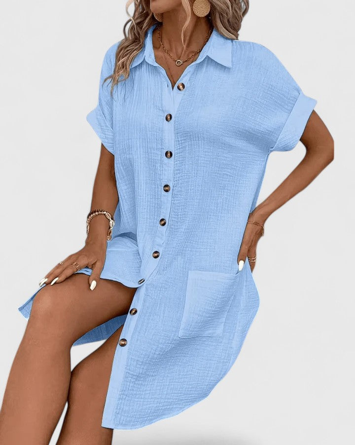 Women's Midi Summer Dress Casual Cotton V-Neck Short Sleeve