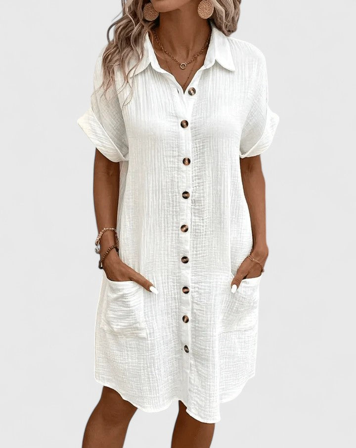 Women's Midi Summer Dress Casual Cotton V-Neck Short Sleeve