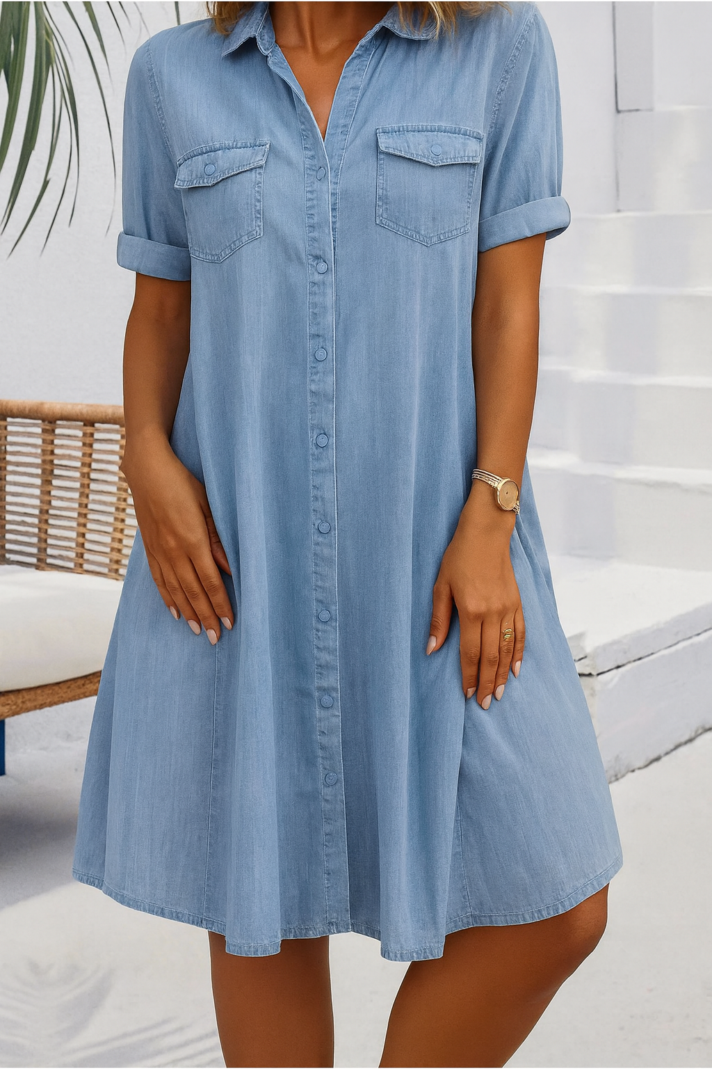 Women's Denim-Look Button-Down Dress | Casual Short Sleeve