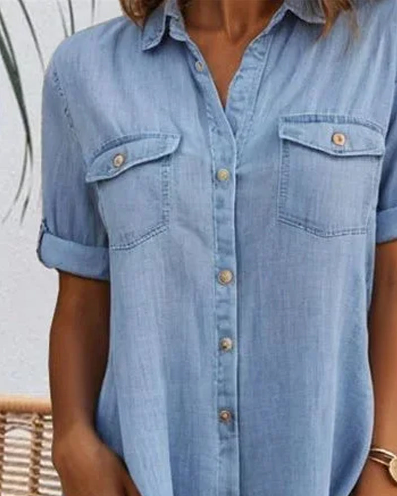 Women's Denim-Look Button-Down Dress | Casual Short Sleeve