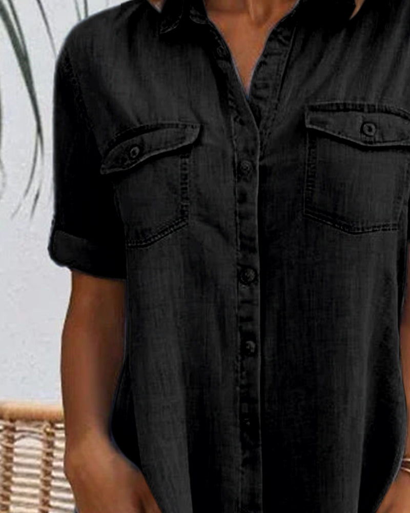 Women's Denim-Look Button-Down Dress | Casual Short Sleeve