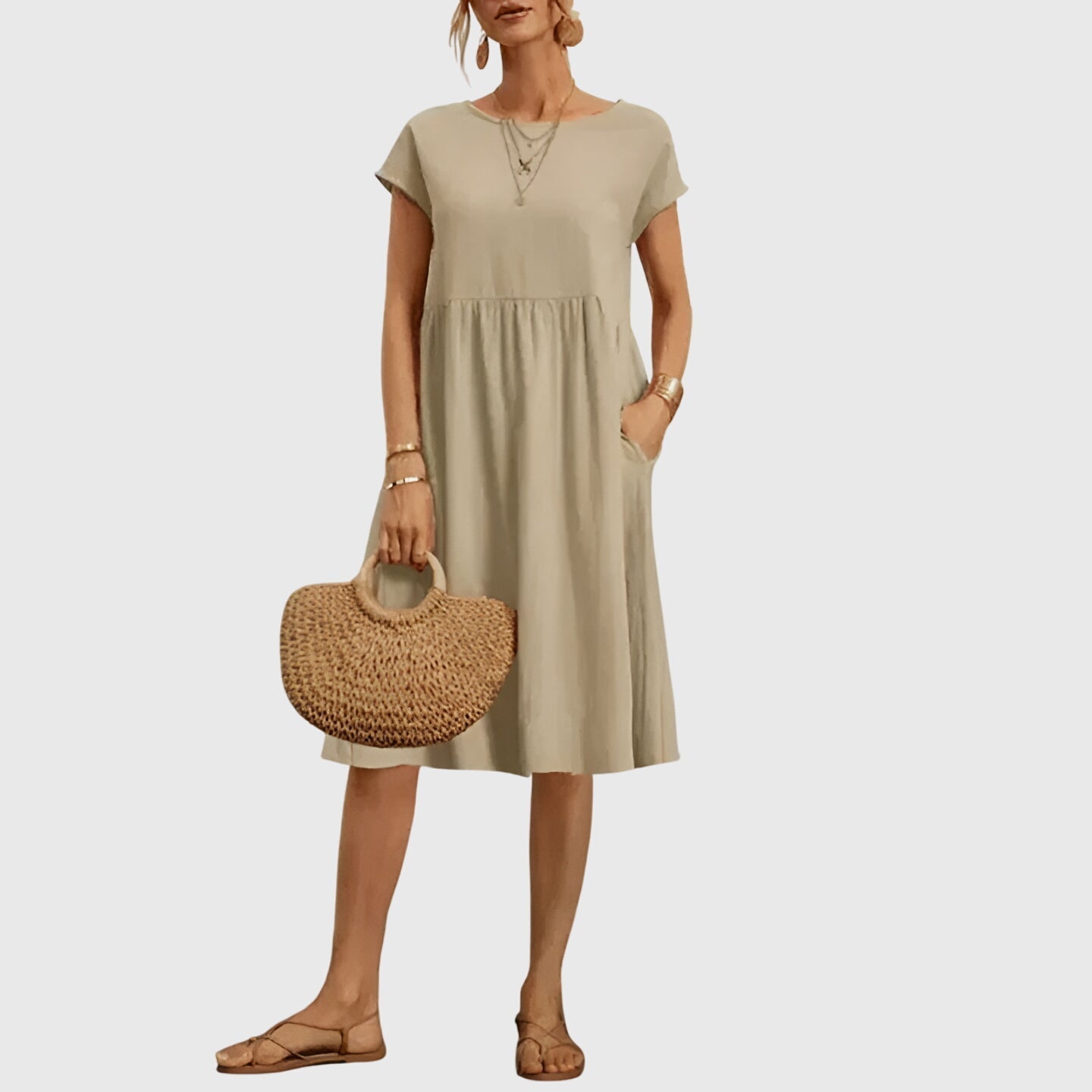 Women's Spring Dress Lightweight Versatile V-Neck Short Sleeve Casual