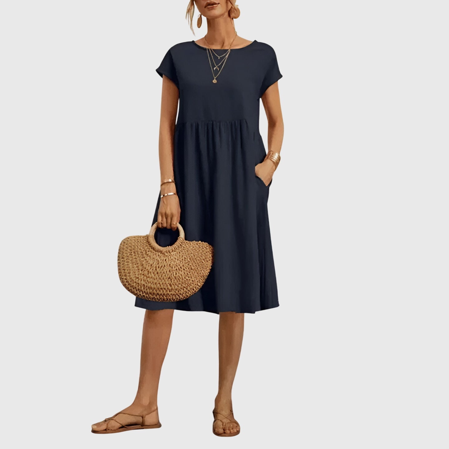 Women's Spring Dress Lightweight Versatile V-Neck Short Sleeve Casual