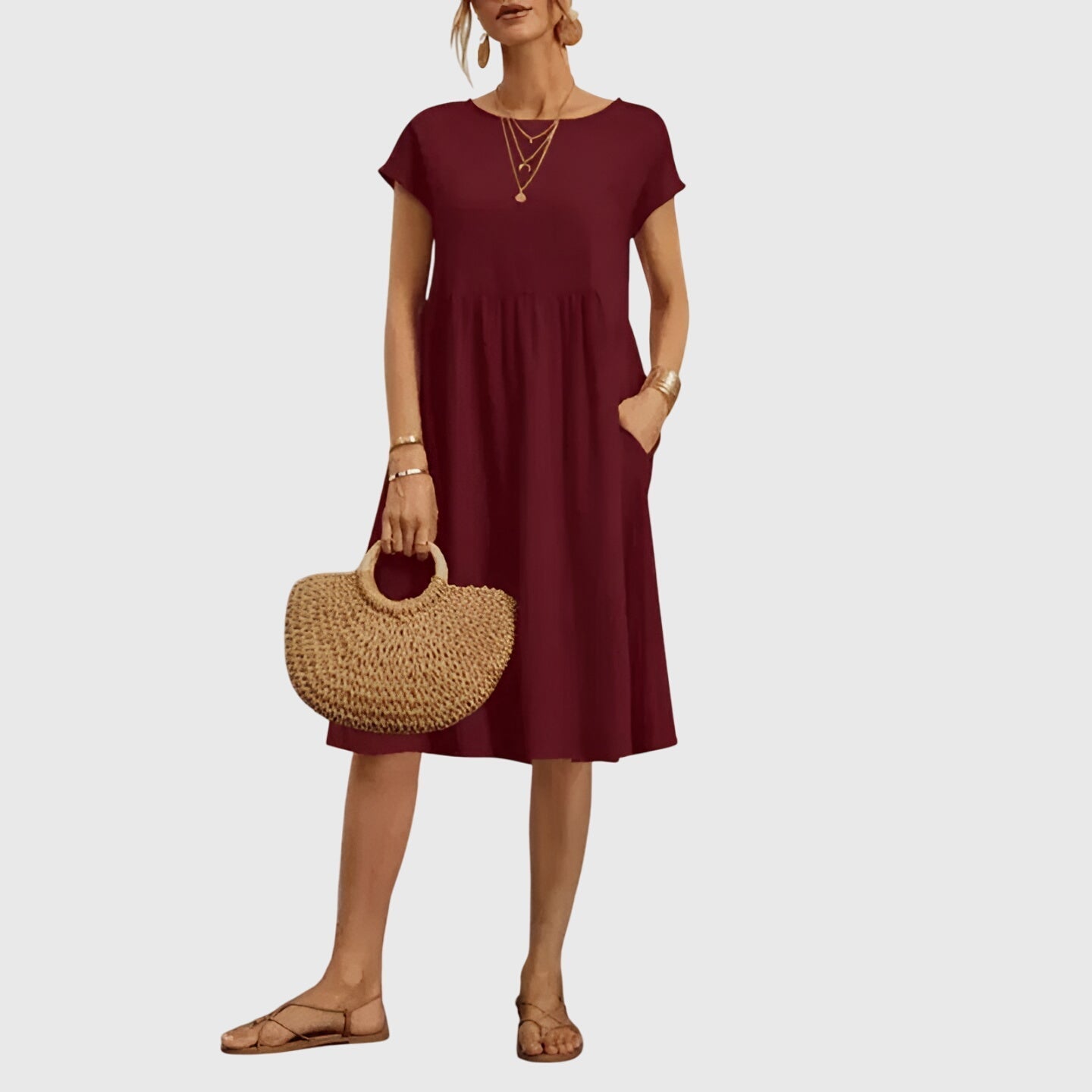 Women's Spring Dress Lightweight Versatile V-Neck Short Sleeve Casual