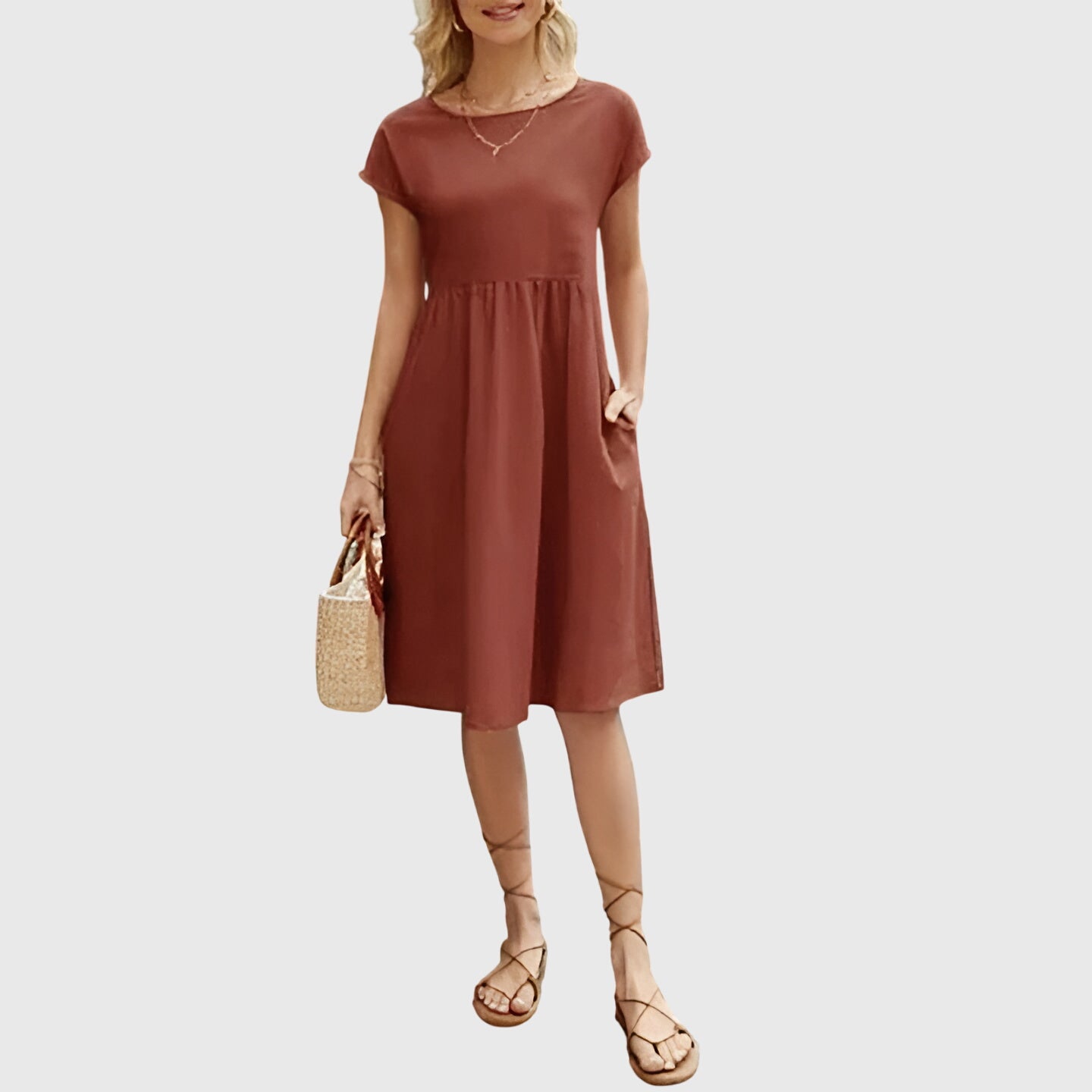 Women's Spring Dress Lightweight Versatile V-Neck Short Sleeve Casual